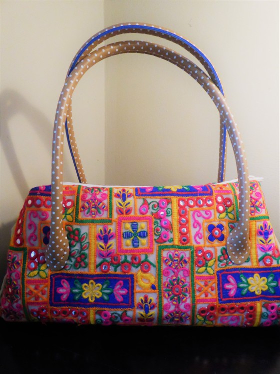 Indian embroidered shoulder bag with leather handles