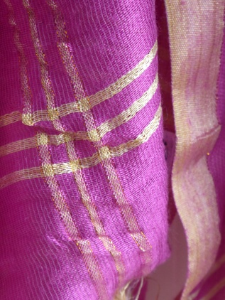 Bolton Designs Indian Summer scarf fine cotton fuscia pink gold tasselled
